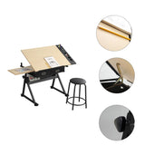 Mochalight Drafting Table, Height Adjustable Drawing Desk with Stool and 2 Storage Drawers for Home Office, Multifunctional Tilting Tabletop Craft Table Desk Mochalight