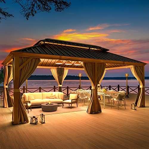 MELLCOM 12' X 20' Hardtop Gazebo, Wooden Finish Coated Aluminum Frame Gazebo with Galvanized Steel Double Roof, Brown Metal Gazebo with Curtains and MELLCOM