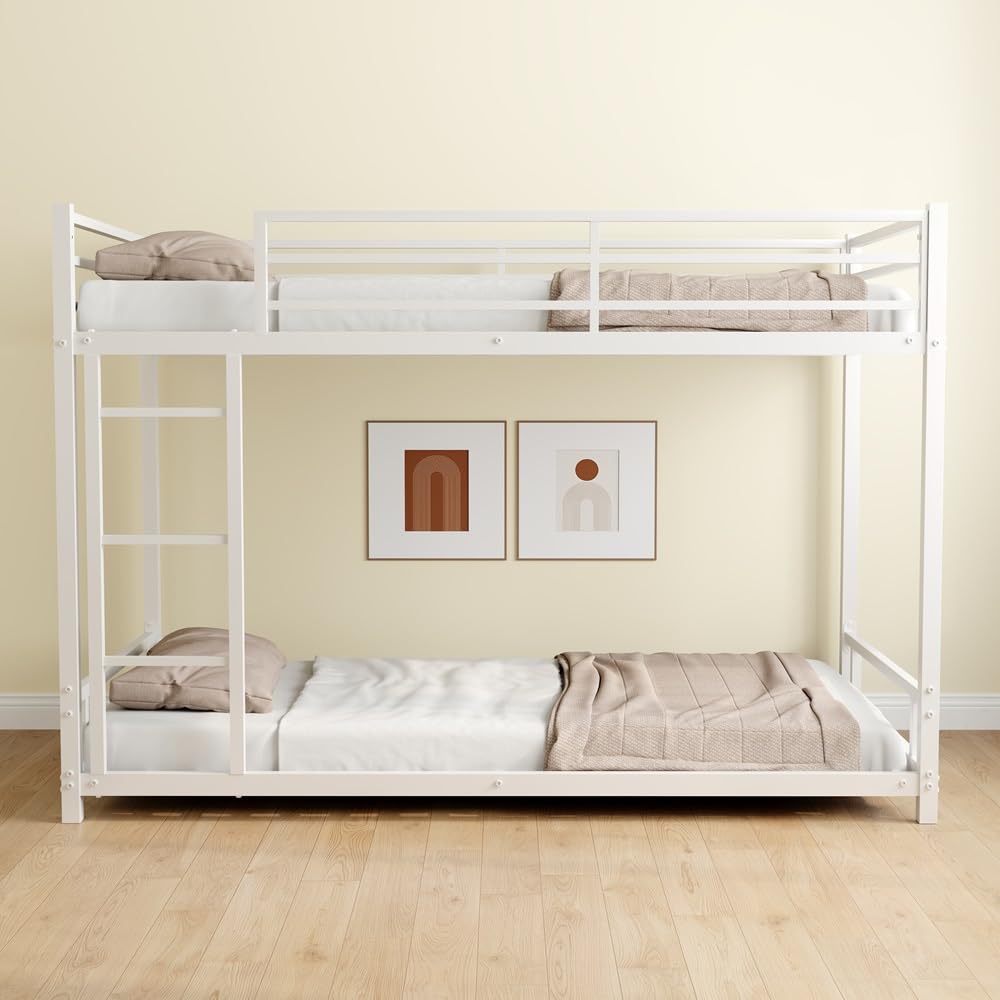 QSOSTNS Twin Over Twin Bunk Bed, Metal Low Profile Bunkbed with Side Ladder, Heavy-Duty Sturdy Metal, Noise Reduced, Safety Guardrail, No Box Spring Needed (White) QSOSTNS
