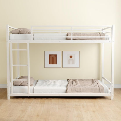 QSOSTNS Twin Over Twin Bunk Bed, Metal Low Profile Bunkbed with Side Ladder, Heavy-Duty Sturdy Metal, Noise Reduced, Safety Guardrail, No Box Spring Needed (White)