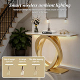 WOOOFA Marble Console Table, 39.4'' Modern Entryway Table with Sensor LED Light, Luxurious and Highly Decorative, Long Sofa Table for Living Room, Entrance, Hallway, White and Bronze WOOOFA