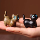 REEZHEE Green Sandalwood Hand Carved Wood Cat, Kitten & Treasure Cat Sandalwood Sculpture Gift & Home Decor Figurine REEZHEE