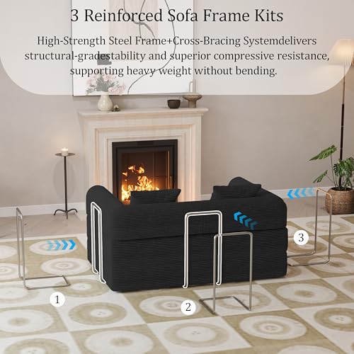 HouseMila 53.15" Boneless Couch,4-in-1 Futon Sofa Bed Modular Loveseat Sleeper Folding Compressed Couch with Pillows,No Assembly Required Convertible Sofa Bed for Living Room Bedroom Guest Room,Black HouseMila