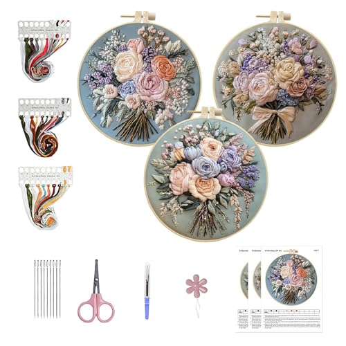 yzARTche Floral Flowers Embroidery Kit for Beginners, Bouquet Pattern Cross Stitch Kits with Hoop, Yarns, Instruction and Threader Tools-3PCS Bouquet-C