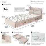 EMOOR Wood Slatted Bed Frame with Storage Drawers HEIM Twin (Stone-Gray), Headboard Outlets USB Port LED Motion-Sensor Light for Japanese Futon Mattress EMOOR