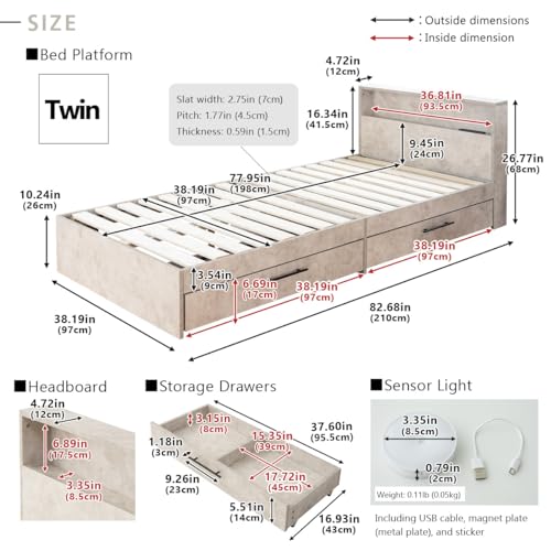 EMOOR Wood Slatted Bed Frame with Storage Drawers HEIM Twin (Salt-White), Headboard Outlets USB Port LED Motion-Sensor Light for Japanese Futon Mattress EMOOR