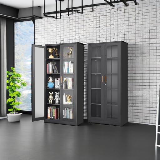 71" Tall Black Locking Cabinet, Metal Storage Cabinet with Glass Doors, Glass Display Cabinet, Curio Cabinet with 4 Adjustable Shelves, Cabinet for Home Office, Kitchen, Living Room- Assembly Required