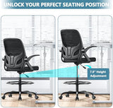 Kensaker Tall Drafting Chair with Footrest Ring for Home and Work, Ergonomic Home Desk Office Chair with Flip up Arms and Lumbar Support, Extended Height Executive Desk Office(Black) Kensaker