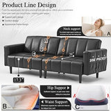 HMHKHN Comfy Faux Leather Couch for Chill Office Lounge, Adjustable Backrest, Convenient Side Pockets, Home-Ready Space-Saving Mid Century Modern Futon Sofa Bed (Black) HMHKHN