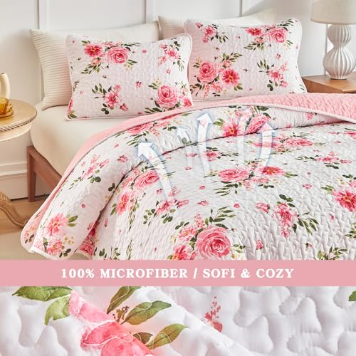 UOZZI BEDDING Floral Quilt Set 2 Pieces Twin Size White Pink Flower Soft Microfiber Lightweight Summer Reversible Coverlet Bedspread for All Season -1 Quilt 88 * 88 + 1 Pillow Sham UOZZI BEDDING