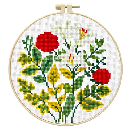Zhenqing Rose and Lily Cross Stitch Kit for Beginners - 11CT 24x24cm Pre-Printed Pattern with Embroidery Hoop, Threads & Tools, Floral Design(70519) Zhenqing