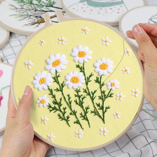 Louise Maelys Daisy Flower Beginners Embroidery Kits,Cross Stitch Kit for Adults,DIY Needlepoint with Floral Pattern,Including Hoop,Threads and Instruction
