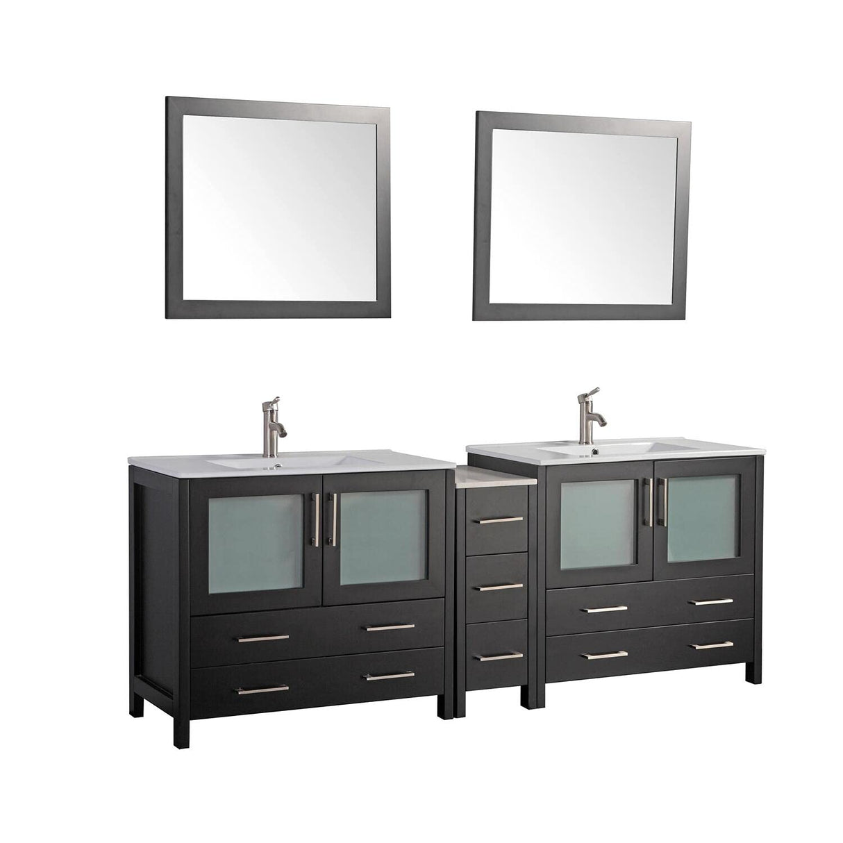 Vanity Art 84 Inch Under Mount Double Sink Bathroom Vanity Cabinet with 2 Mirrors, Ceramic Top Bathroom Cabinet Compact Set with 7 Dovetail Storage Drawers and Brushed Nickel Handles, VA3036-84-E Vanity Art