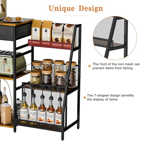 Rustic Brown Coffee Bar Cabinet with Drawer - 3-Tier Coffee Stand Station for Small Spaces