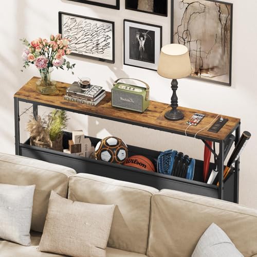 Asgolion Console Table, Narrow Sofa Table, 47.2" Behind Couch Table with Power Station, Entrance Table, for Living Room, Hallway, Entryway, Foyer, Rustic Brown Asgolion