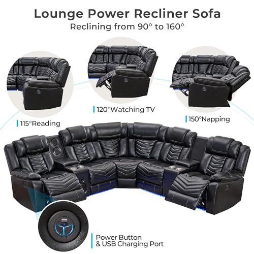 Comfort Stretch Power Recliner Sectional Sofa Couches with Bass Speakers for Living Room, Faux Leather Reclining Corner Sectionals Sofa Couch Sets with LED Light, Electric Theater Recliners Home,Black