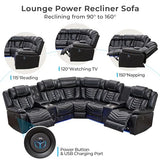 Comfort Stretch Power Recliner Sectional Sofa Couches with Bass Speakers for Living Room, Faux Leather Reclining Corner Sectionals Sofa Couch Sets with LED Light, Electric Theater Recliners Home,Black