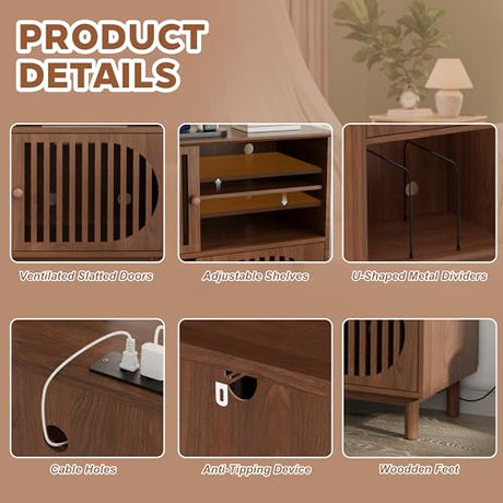 Large Record Player Stand with Storage & LED Lights, Vinyl Record Storage Cabinet with Charging Station Holds Up to 350 Albums, Mid Century Modern Turntable Stand for Living Room (Walnut) YKVIQBY