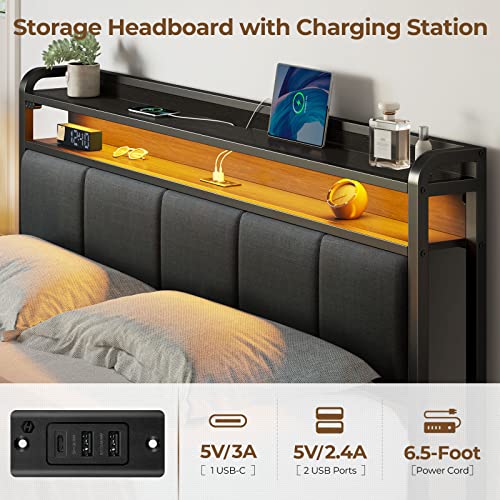 Rolanstar Queen Bed Frame with LED Lights, Upholstered Headboard, Charging Station, Storage Shelves, Heavy Duty Metal Slats, No Box Spring Needed, Noise Free, Easy Assembly, Dark Grey Rolanstar