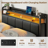 Rolanstar Queen Bed Frame with LED Lights, Upholstered Headboard, Charging Station, Storage Shelves, Heavy Duty Metal Slats, No Box Spring Needed, Noise Free, Easy Assembly, Dark Grey Rolanstar