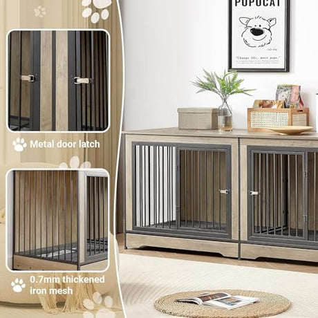 Rovibek 75'' Double Dog Crate Furniture for 2 Large Dogs, Heavy Duty Furniture Style Dog Crates End Table, Wood Crates for Dogs Kennel Indoor with Double Door, Grey Rovibek
