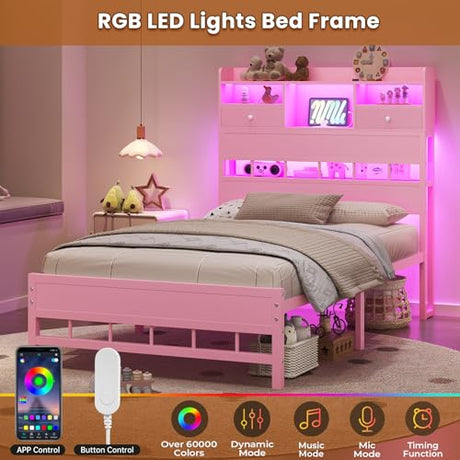 BTHFST Twin Bed Frame with Storage Headboard & Charging Station, LED Bed Frame Twin with 5 Shelves & Under Bed Storage, Platform Bed Frames for Kids, No Box Spring Needed, Pink BTHFST