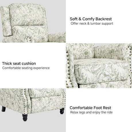 Blissabod Pushback Recliner Chairs Set of 2, Green Pattern Wingback Recliner Chair in Fabric, Upholstered Push Back Armchair Recliner, Single Sofa with Trim Wood Legs for Living Room (Rococo Green) Blissabod