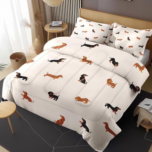 Zzzboro Comforter Set with 2 Pillowcases Queen Size, Cute Happy Dachshund Dog Puppy, Bedding Decor Cartoon Animal Pug Geometric Brown for Kids and Adults, Soft Cozy Bedroom Bed Set Zzzboro