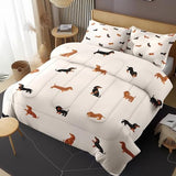 Zzzboro Comforter Set with 2 Pillowcases Queen Size, Cute Happy Dachshund Dog Puppy, Bedding Decor Cartoon Animal Pug Geometric Brown for Kids and Adults, Soft Cozy Bedroom Bed Set Zzzboro