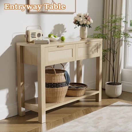 YUUIJOAA Boho Chic Console Table with 2 Rattan Drawers and Open Shelf Storage, Narrow Farmhouse Sofa Table for Small Space Entryway, Living Room,Hallway,Natural YUUIJOAA