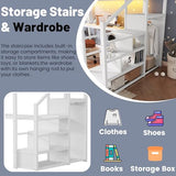 MoproBeti Queen Loft Bed with Desk and Stairs, Metal Lofts Bed Queen Size with Upper Storage Shelf, Gaming LoftBed with LED, Charging Station and Wardrobe for Teens, Adults,White MoproBeti