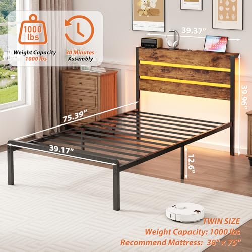 TIGUBFRE Twin Bed Frames with Storage Headboard & Charging Station, Platform Bed Frame Twin Size with LED Lights, Metal Slats, Noise Free, No Box Spring Needed, Rustic Brown TIGUBFRE