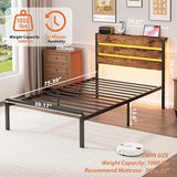 TIGUBFRE Twin Bed Frames with Storage Headboard & Charging Station, Platform Bed Frame Twin Size with LED Lights, Metal Slats, Noise Free, No Box Spring Needed, Rustic Brown TIGUBFRE