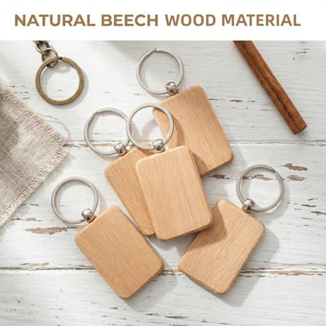 WRINGKIT 50 Pieces Wood Keychain Blank, Unfinished Laser Engraving Blanks with Key Rings, Rectangular Keychain Ring Tag Wood Sign Bulk for DIY, Crafts Gift, Pet Tags WRINGKIT