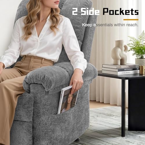 Korser Recliner Chair, Living Room Recliner Chairs for Adults, Small Recliners for Small Spaces, Upholstered Manual Recliner with Side Pockets, Modern Nursery Chair for Living Room, Chenille, Grey