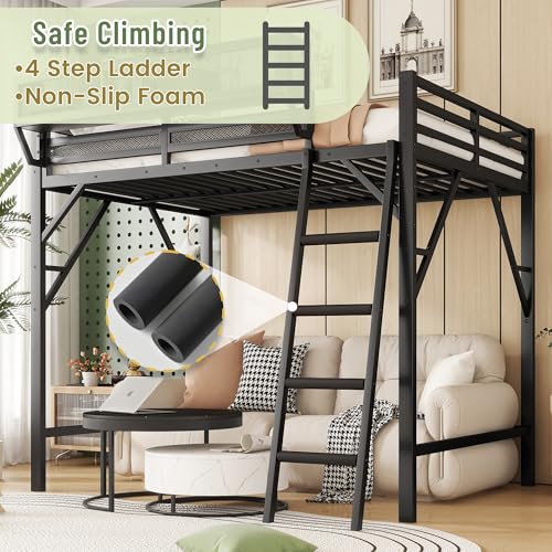 Full Size Loft Bed with Storage Shelves & Soft Foam Ladder, Metal High Loft Bed with Large Under-Bed Space & Guardrail, Heavy-Duty Modern Beds for Adults Teens and Kids, No Box Spring Needed, Black Aurnienofus