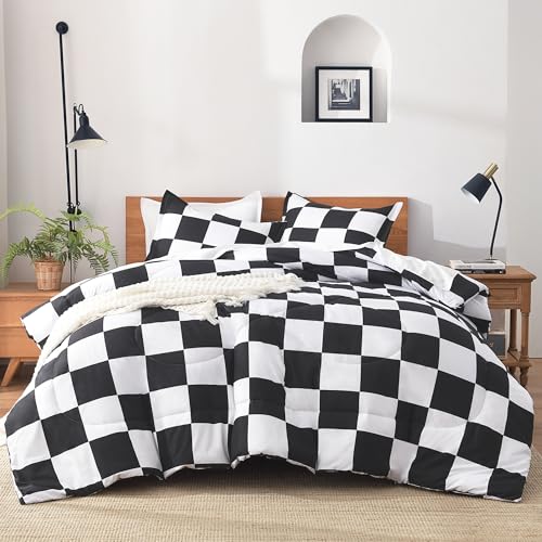 Andency Checkered Comforter Twin(66x90Inch), Black White Plaid Gingham Bed Set for Teen Boys Kids, Lightweight Microfiber Geometric Preppy Bedding, 2 Pieces Andency