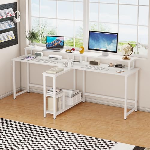 Mexin Double Desk for Two People - 83.7 Inch 2 Person Desk with Storage Shelves and Power Outlets, Home Office Desk with Monitor Stand, Long Gaming Desk, Large Work Desk, White - WoodArtSupply