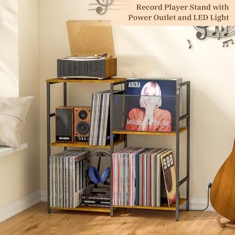 ThreeHio Record Player Stand with Power Outlets, Turntable Stand with Vinyl Storage Holds up to 300+ Albums, Storage Cabinet for Vinyl Records, Record Player Table with LED Light for Living Room ThreeHio