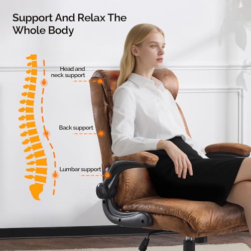 VINGLI Microfiber Brown Rolling Ergonomic Office Desk Chair with Padded Flip-up Arms, 360°Swivel High Back Executive Computer Chair with Wheels for Game，Home Small Space, Study Room, Reading Room VINGLI
