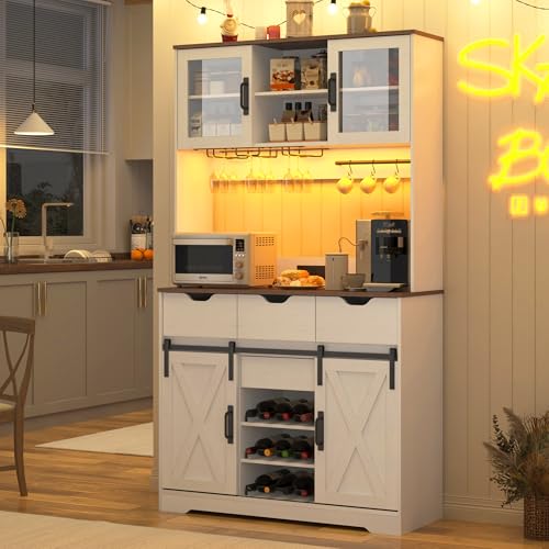 72" Farmhouse Bar Cabinet w/ 60000-color LED Lights,Outlet,Sliding Barn Door,Large Coffee Bar w/Hutch,Wine & Glasses Rack,4 Drawers,12 Shelves,Kitchen Buffet Sideboard for Kitchen,Dining Room chartustriable