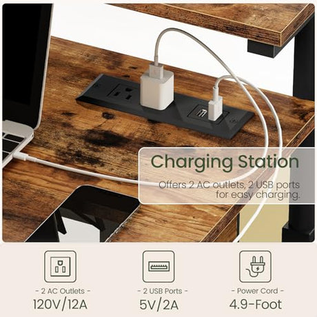 CHOEZON Computer Desk, Standing Desk on Wheels, Rolling Desk with Charging Station, Height-Adjustable Laptop Desk, for Living Room, Home Office, Rustic Brown and Black TDN08UBF CHOEZON