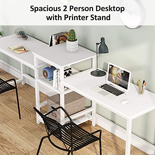 Tribesigns 96.9" Double Computer Desk with Printer Shelf, Extra Long Two Person Desk Workstation with Storage Shelves, Large Office Desk Study Writing Table for Home Office, White - WoodArtSupply