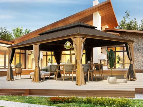 Domi 14x24FT Hardtop Gazebo, Permanent Wood Grain Metal Gazebo with Galvanized Steel Double Roof and Aluminum Frame, Curtain and Netting, Large Pavilion Gazebo, Wood Looking domi outdoor living