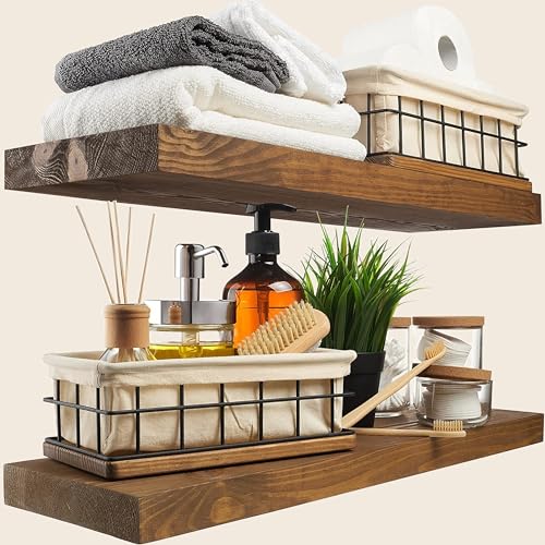 BAOBAB WORKSHOP Wood Floating Shelves Set of 2 - Rustic Shelf 24 inch - Floating Shelf for Wall Mounted - Wide Wooden Wall Shelves for Living Room Bedroom Kitchen Bathroom - Walnut - 24D x 6. - WoodArtSupply