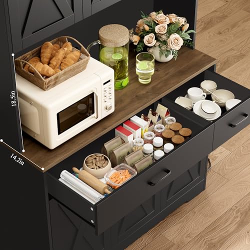 HOSTACK 71" Pantry Cabinet with Charging Station, Tall Kitchen Pantry Storage Cabinet with Microwave Stand, Farmhouse Kitchen Hutch Cabinet with Storage Drawers for Living Room, Dining Room, Black HOSTACK