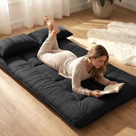 Cosovia Japanese Floor Mattress Futon Mattress, 3.5 Inch Thick Foldable Roll Up Tatami Mat with 2 Pillow Covers, Twin Size Floor Bed for Guest Room Dorm Camping Kids, Black Cosovia