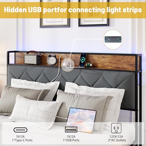 King Size Metal Platform Bed Frame with 2 Storage Drawers, LED Light, Velvet Headboard with USB Port - Heavy Duty, Brown Wooden Panel, No Box Spring Needed - King Bed Frame with Storage (Brown, King) LUBEDCY