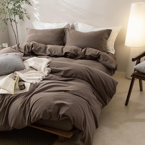 BDEAR Linen Feel Light Chocolate Brown Duvet Cover Twin Size 90'' L x 68'' W, Percale 100% Washed Cotton Duvet Cover with Zipper Closure Plus 1 Pillowcase, Oeko TEX Standard 100 Certificated BDEAR