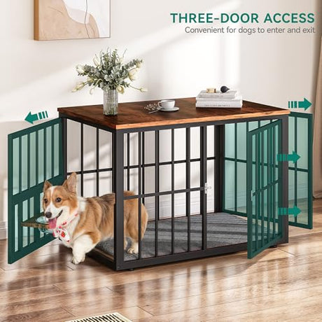 YITAHOME 88.6" Large Corner Dog Crate Furniture for 2 Dogs, Large Wooden Dog Kennel with Dog Bowls & 3 Doors, Large Double Dog Crate Furniture TV Stand for Medium Large Dogs, Brown YITAHOME